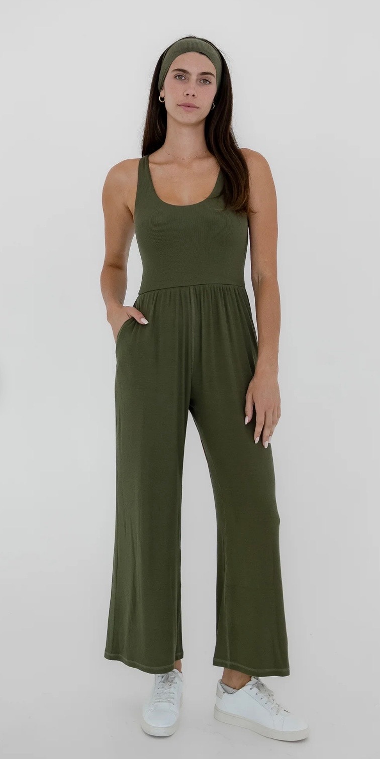 Imbodhi Hana Tank Jumpsuit Ribbed Moss Green Xs Wide Leg Cropped Yoga Pilates
